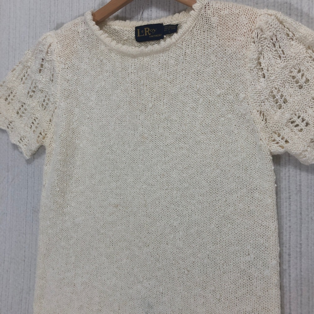 L Roy Knitwear Top Vintage Crochet Knit Short Sleeve Cream Small